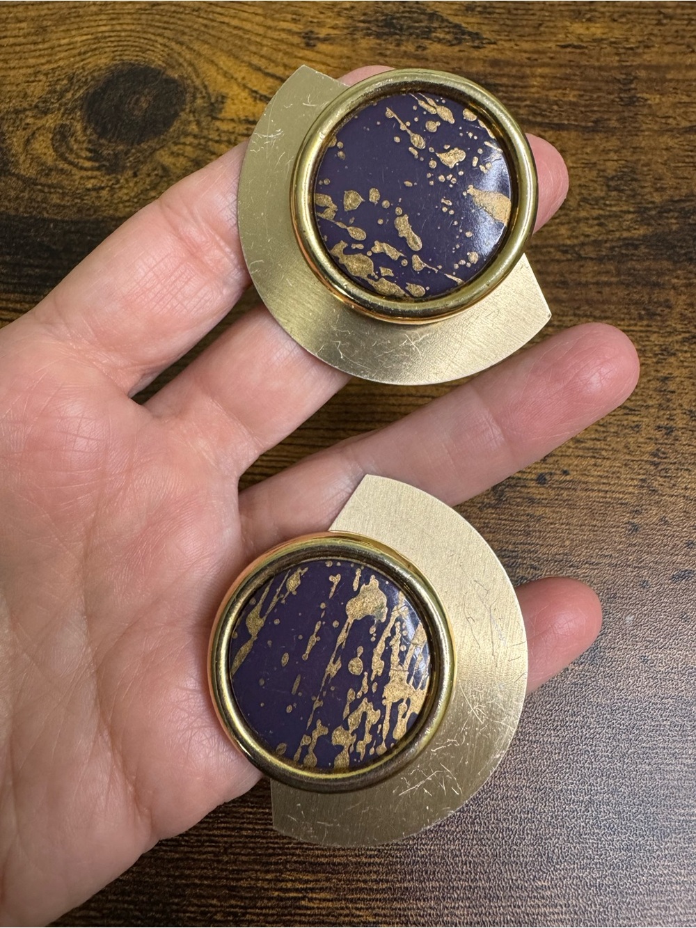 4/$20 Vintage Purple and Gold Disc Metal Clip-On Earrings Atomic Futuristic